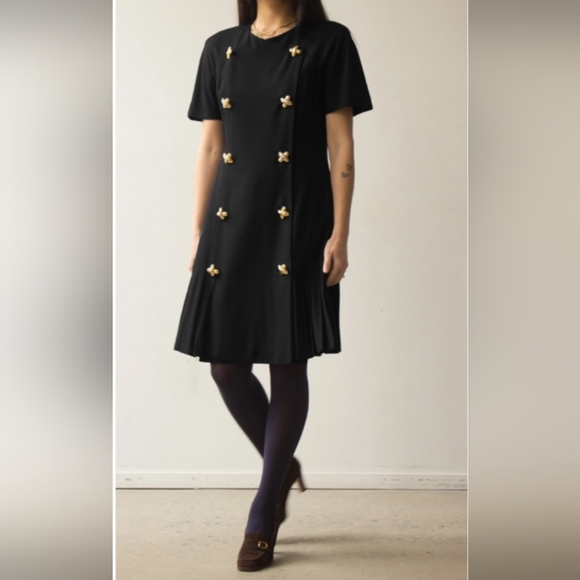 Drop Waist 1980's Black Double Breasted Gold Buttons Saks 5th Ave Size 6 - Picture 1 of 15